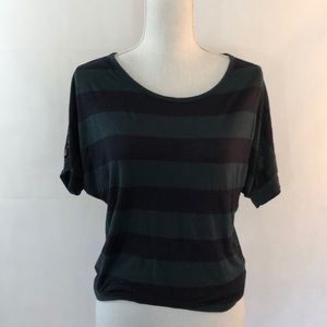 Black and Green Strip T-shirt with Lace Insert
